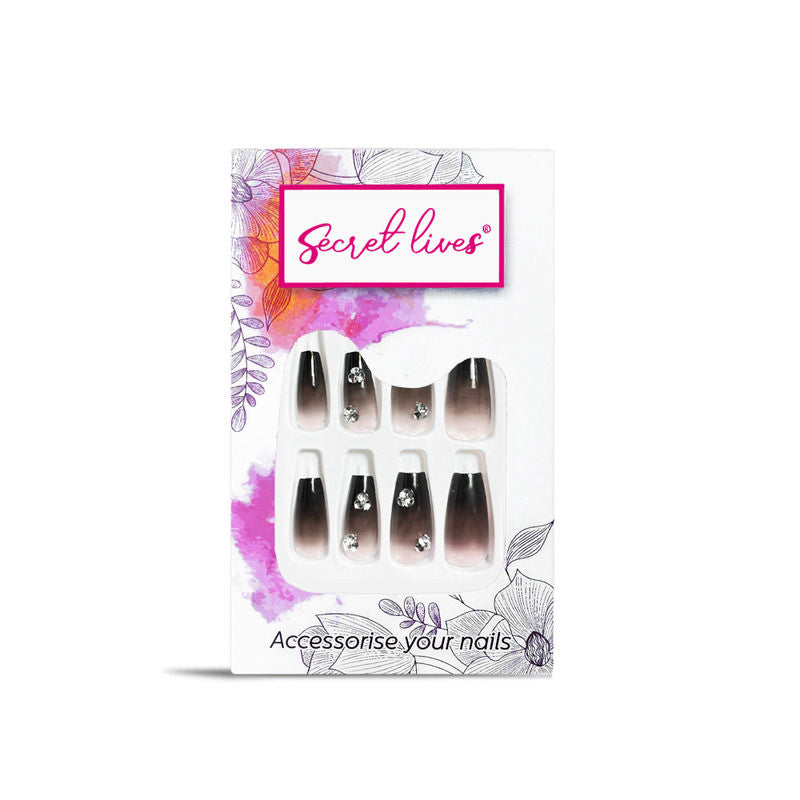 Glossy Black Color with 3D White Stones Press On Nails