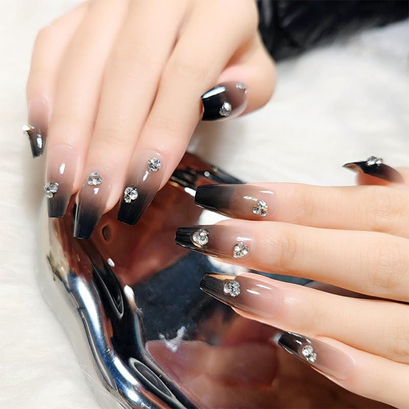 Glossy Black Color with 3D White Stones Press On Nails