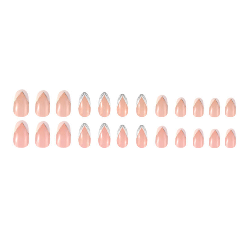 Round Shape White Color with Silver Glitter Design Press On Nails