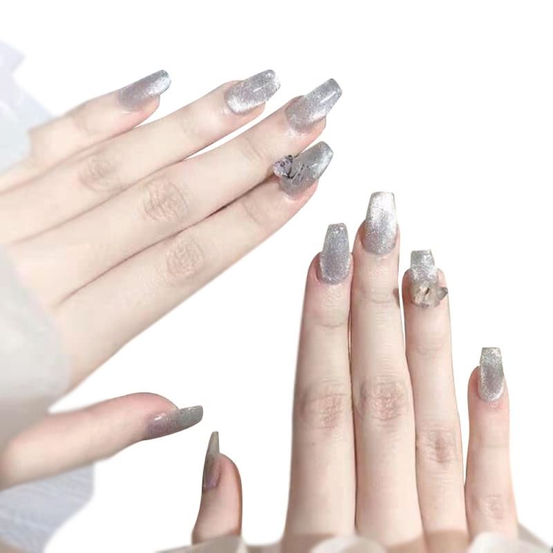 Cats Eye Grey Brown Color with 3D Butterfly Design Press On Nails