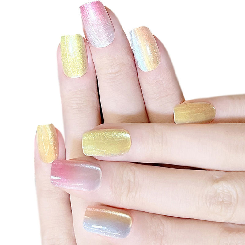 Cats Eye Square Shape Designer Ranibow Color Press On Nails