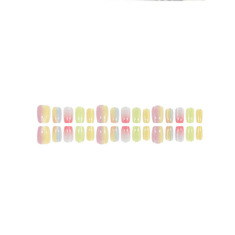 Cats Eye Square Shape Designer Ranibow Color Press On Nails