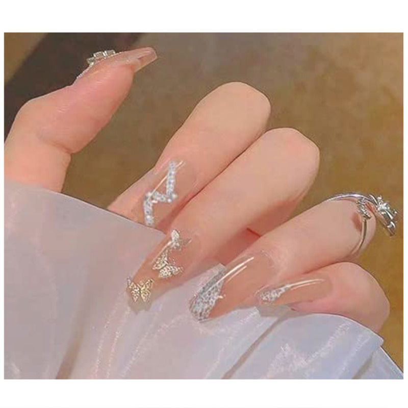 Nude Color 3D Butterfly with Pearl & Glitter Design Press On Nails
