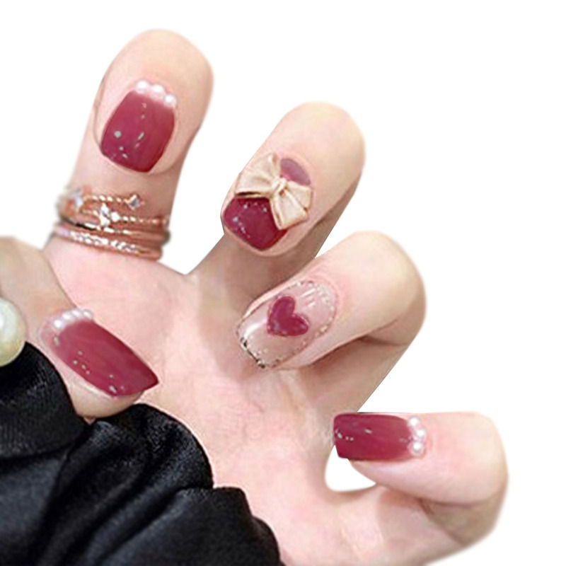 Shades of Cherry Color with 3d Bow & Heart Design Press On Nails