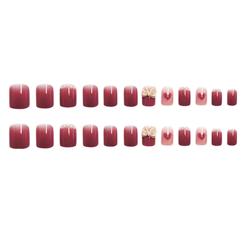 Shades of Cherry Color with 3d Bow & Heart Design Press On Nails
