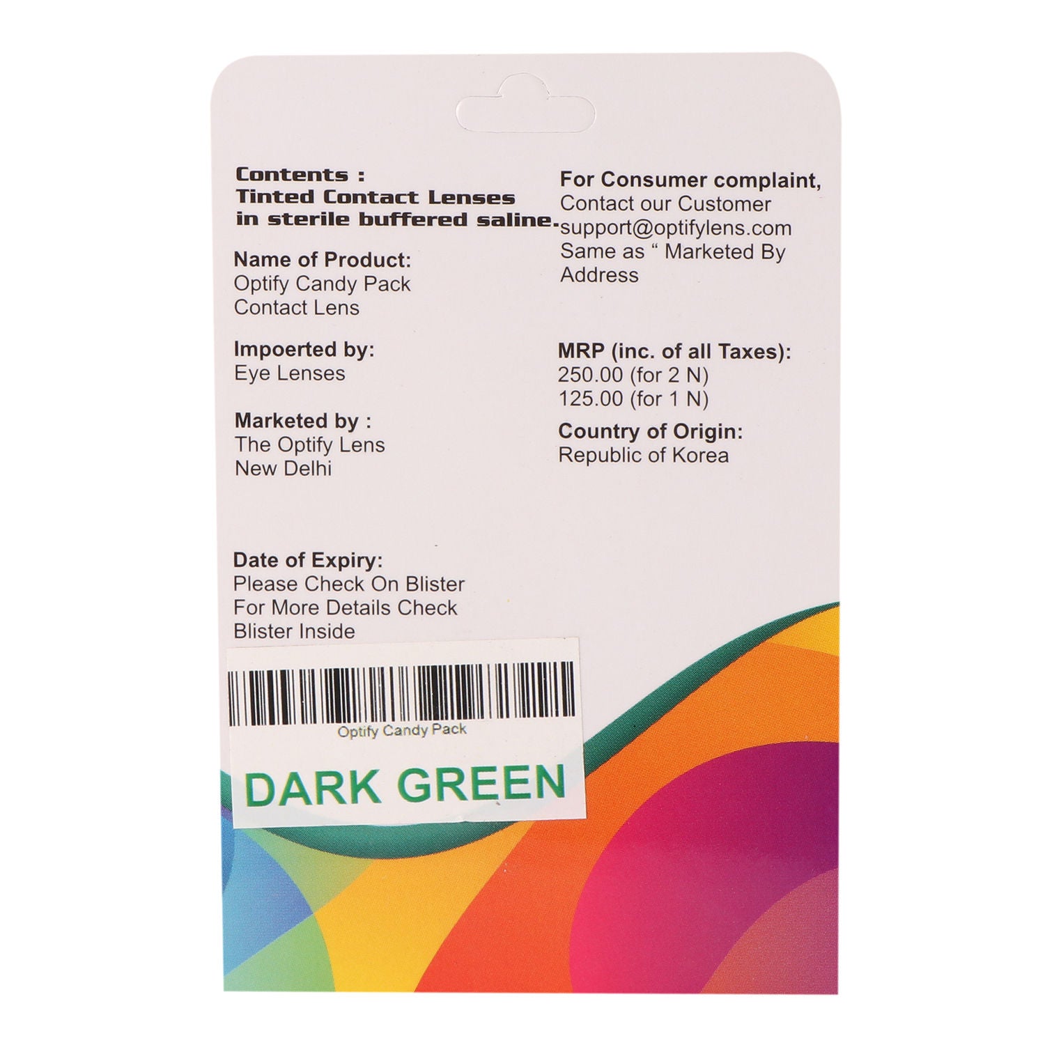 Candy Pack Colored Contact Lenses Zero Power - Dark Green
