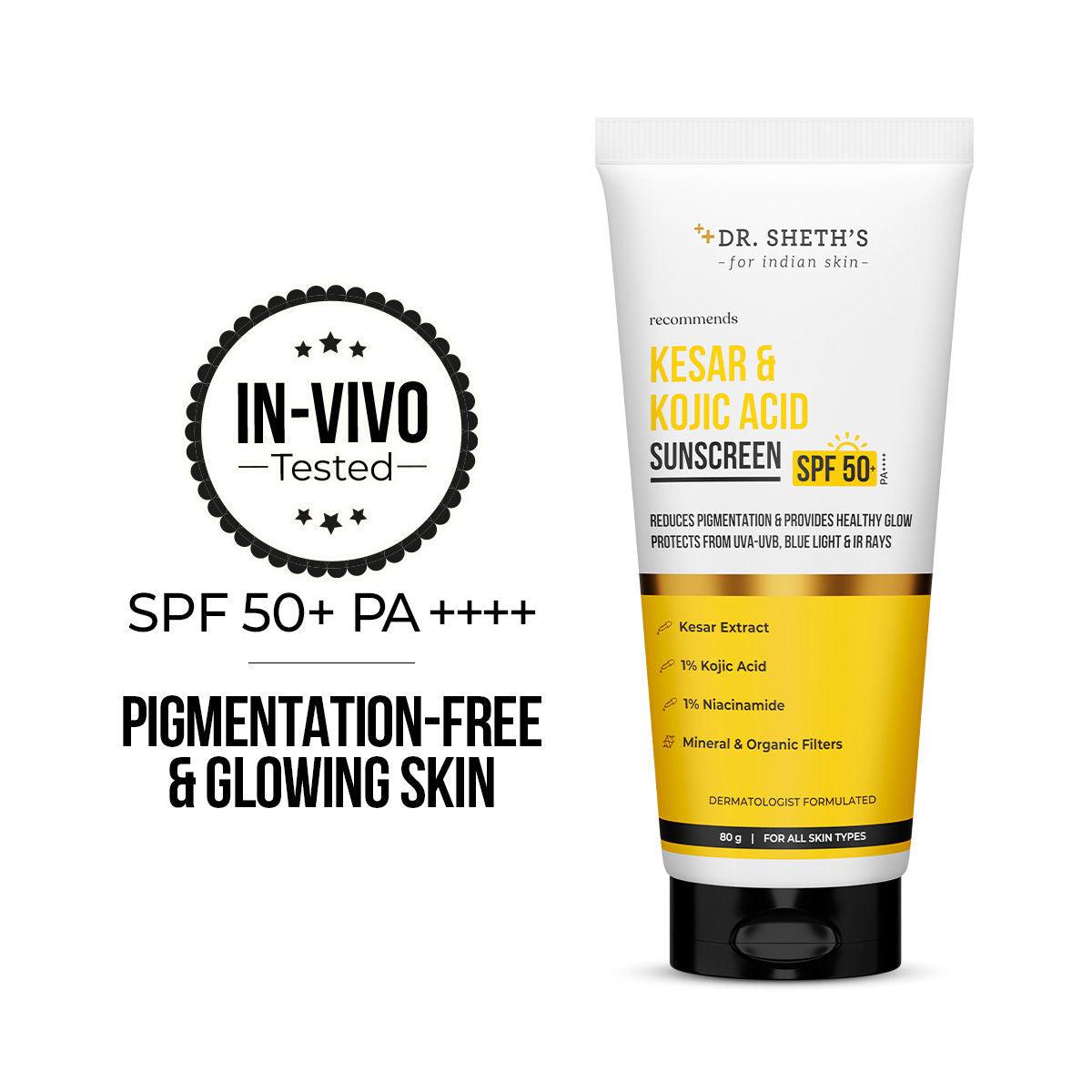 Kesar & Kojic Sunscreen SPF 50+ PA++++ In-Vivo Tested for Pigmentation-Free Skin(50g) - 80g