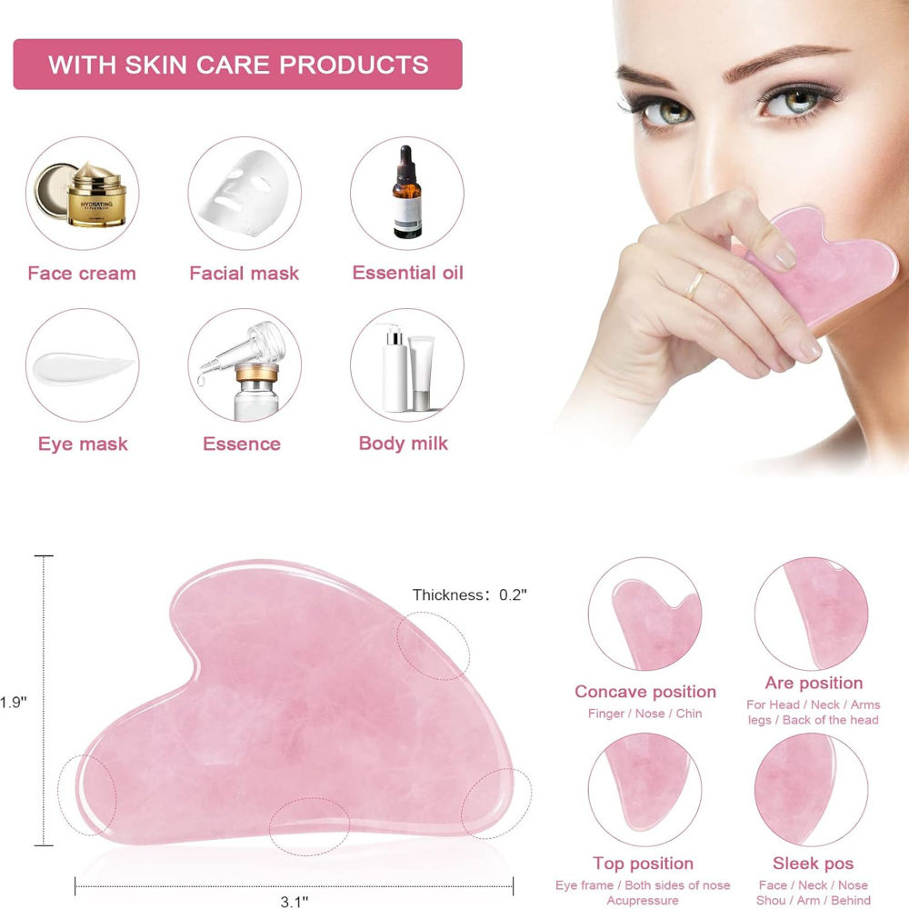 Original Rose Quartz Stone Gua Sha For Face, Neck And Under Eye Massager