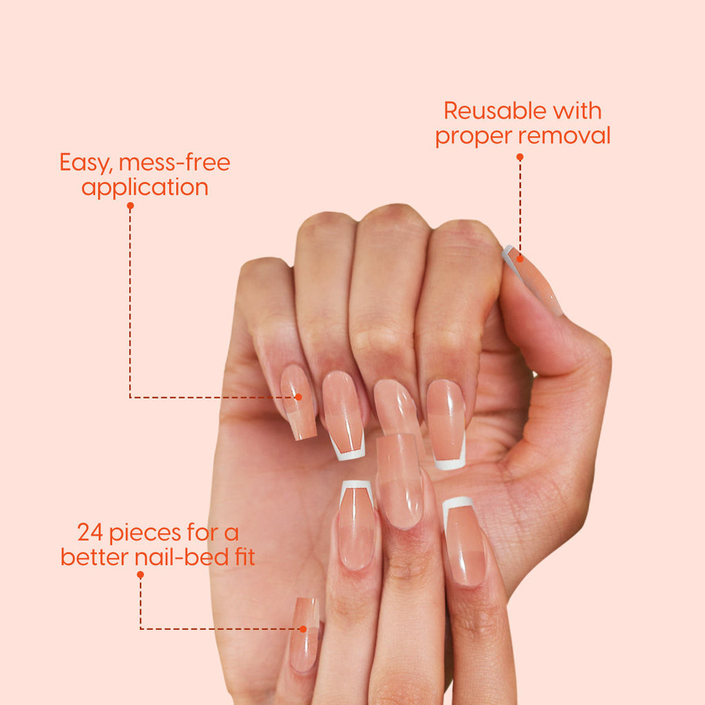Press On Nails French Manicure Tips Reusable Artificial Stick On Fake Extensions Nude