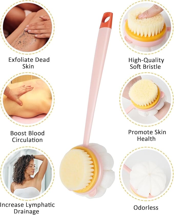 2-in-1 Premium Bath Brush with Long Handle Soft Bristles & Loofah Back Scrubber-Mix Color