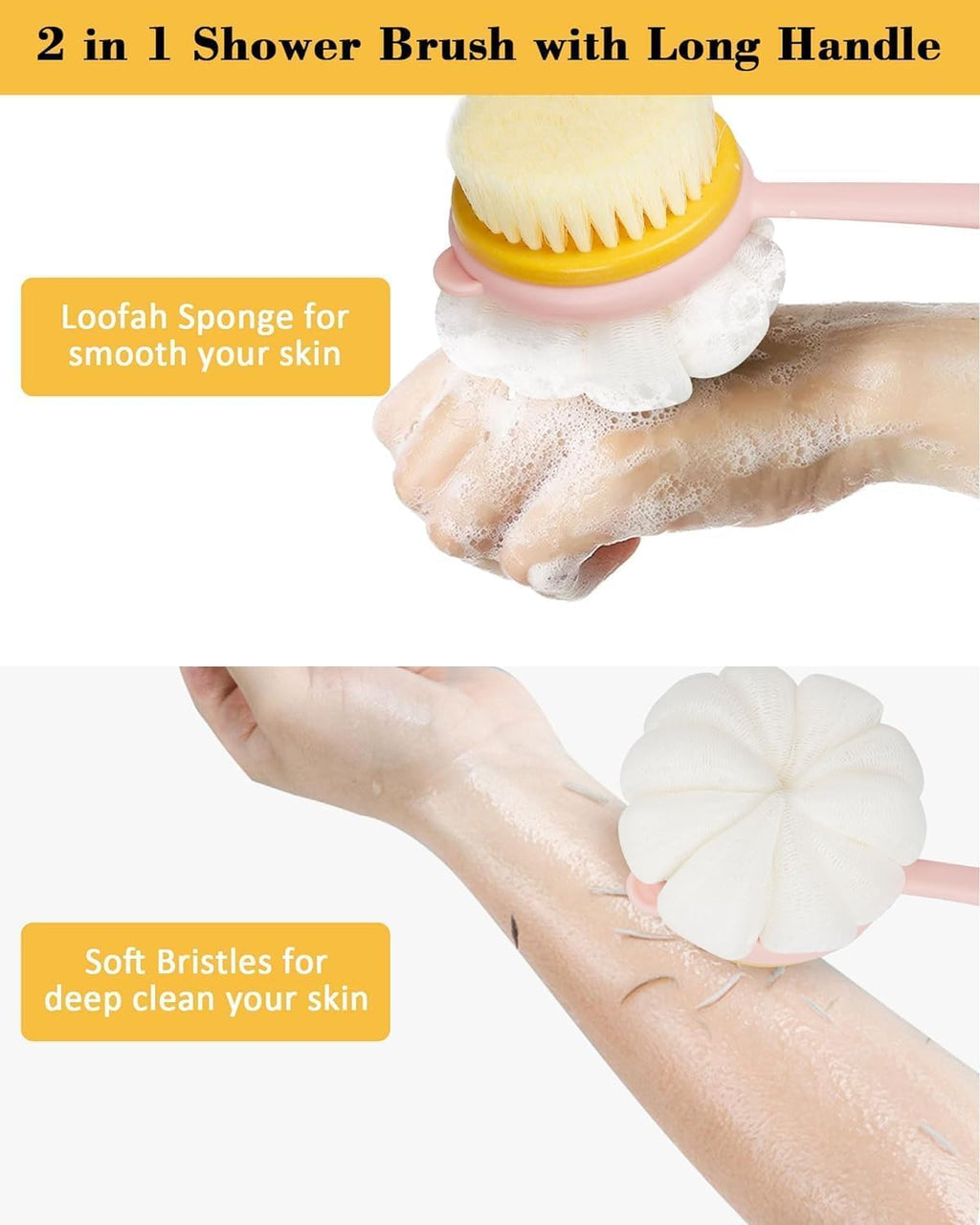 2-in-1 Premium Bath Brush with Long Handle Soft Bristles & Loofah Back Scrubber-Mix Color