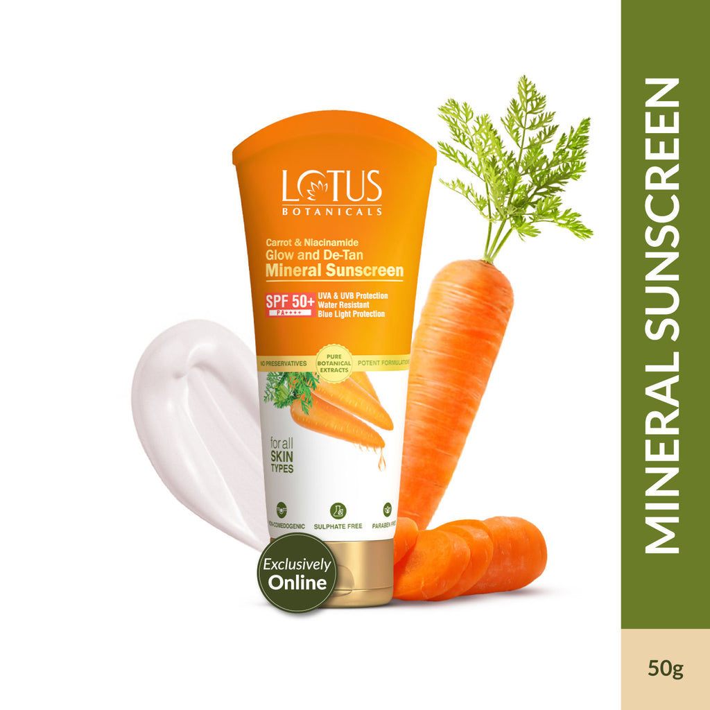 Carrot & Niacinamide Glow and De-Tan Mineral Sunscreen, SPF 50+, PA++++