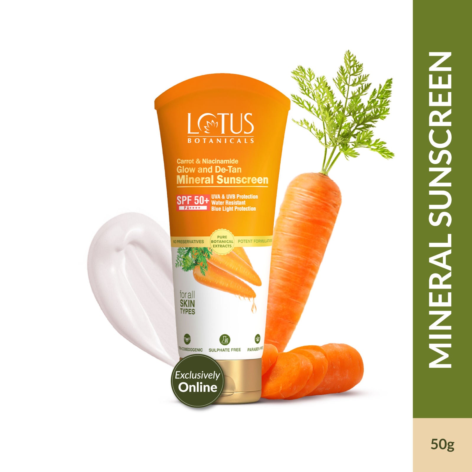 Carrot & Niacinamide Glow and De-Tan Mineral Sunscreen, SPF 50+, PA++++