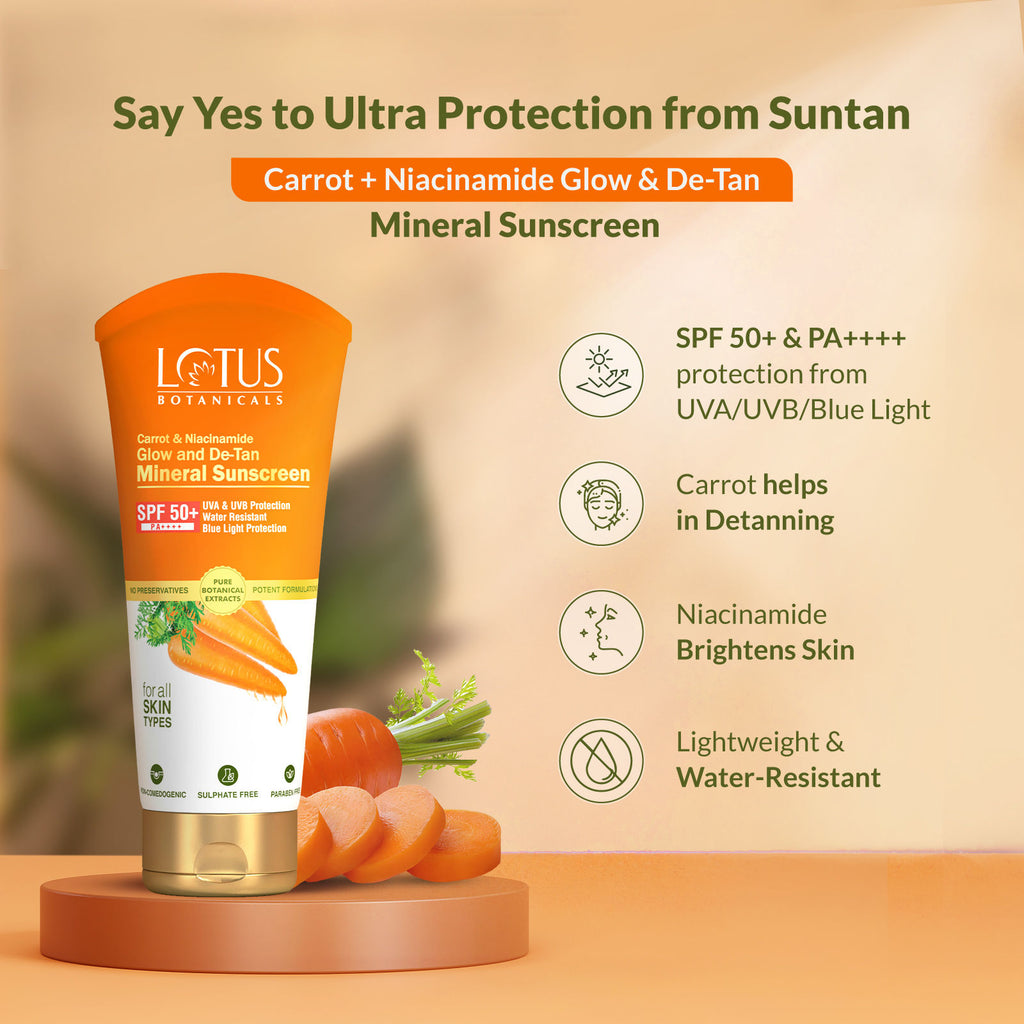 Carrot & Niacinamide Glow and De-Tan Mineral Sunscreen, SPF 50+, PA++++