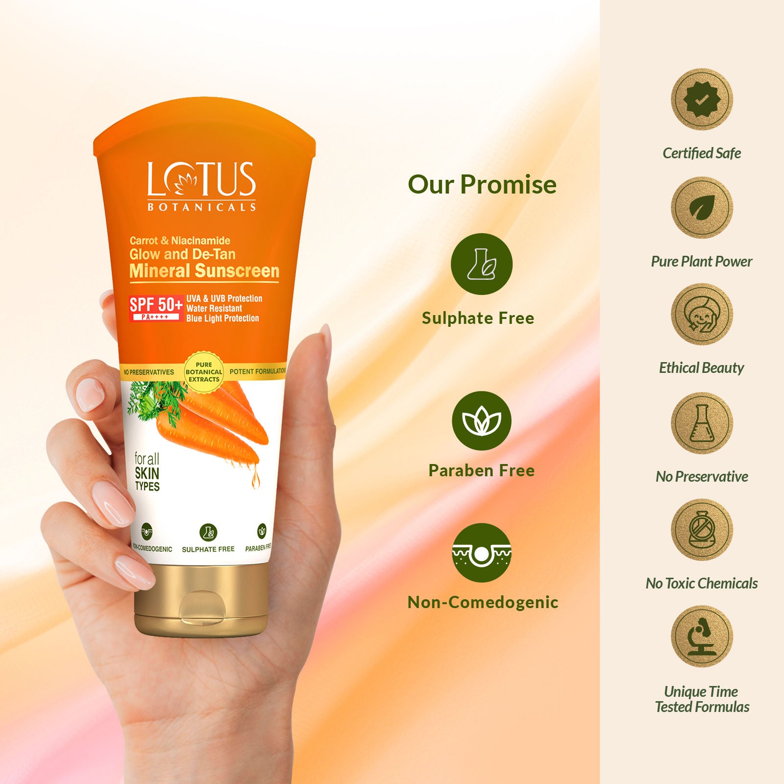 Carrot & Niacinamide Glow and De-Tan Mineral Sunscreen, SPF 50+, PA++++