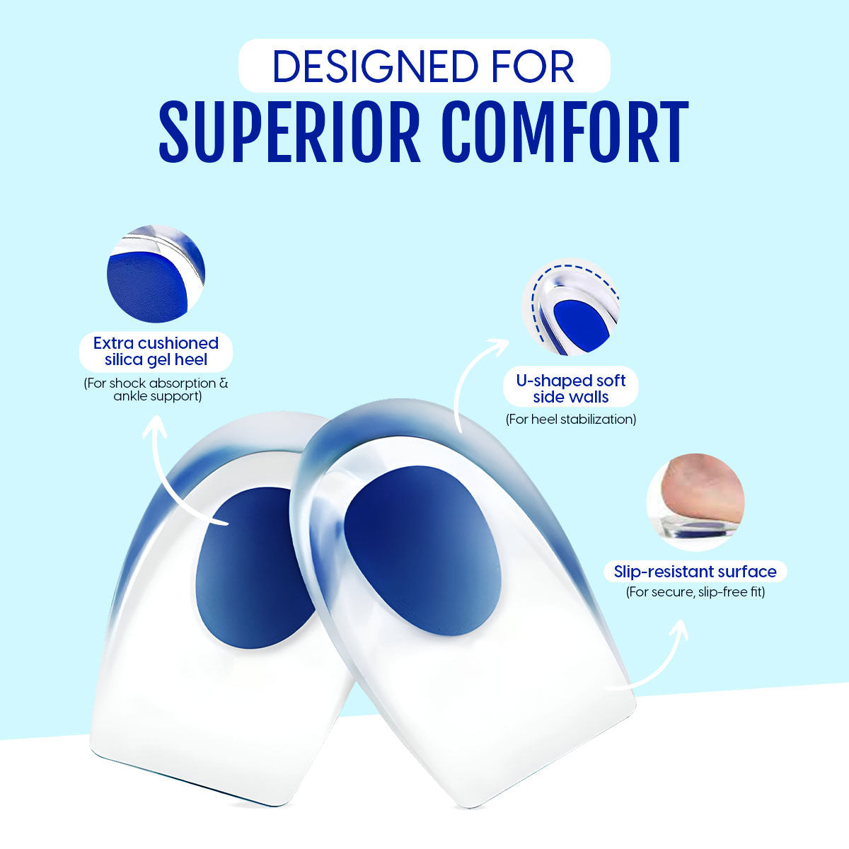 Silicone Gel Heel Pads Cushion Cup Insoles for Pain Relief, Heel Support, Shoe Inserts (1 Pair)