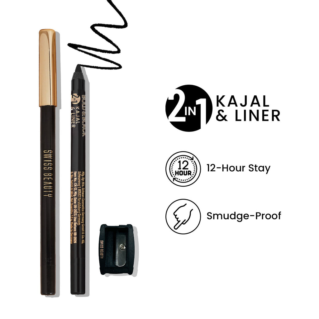 Bold & Black 2-In-1 Kajal & Liner With Vitamin-E 12-Hours of Stay With Sharpner