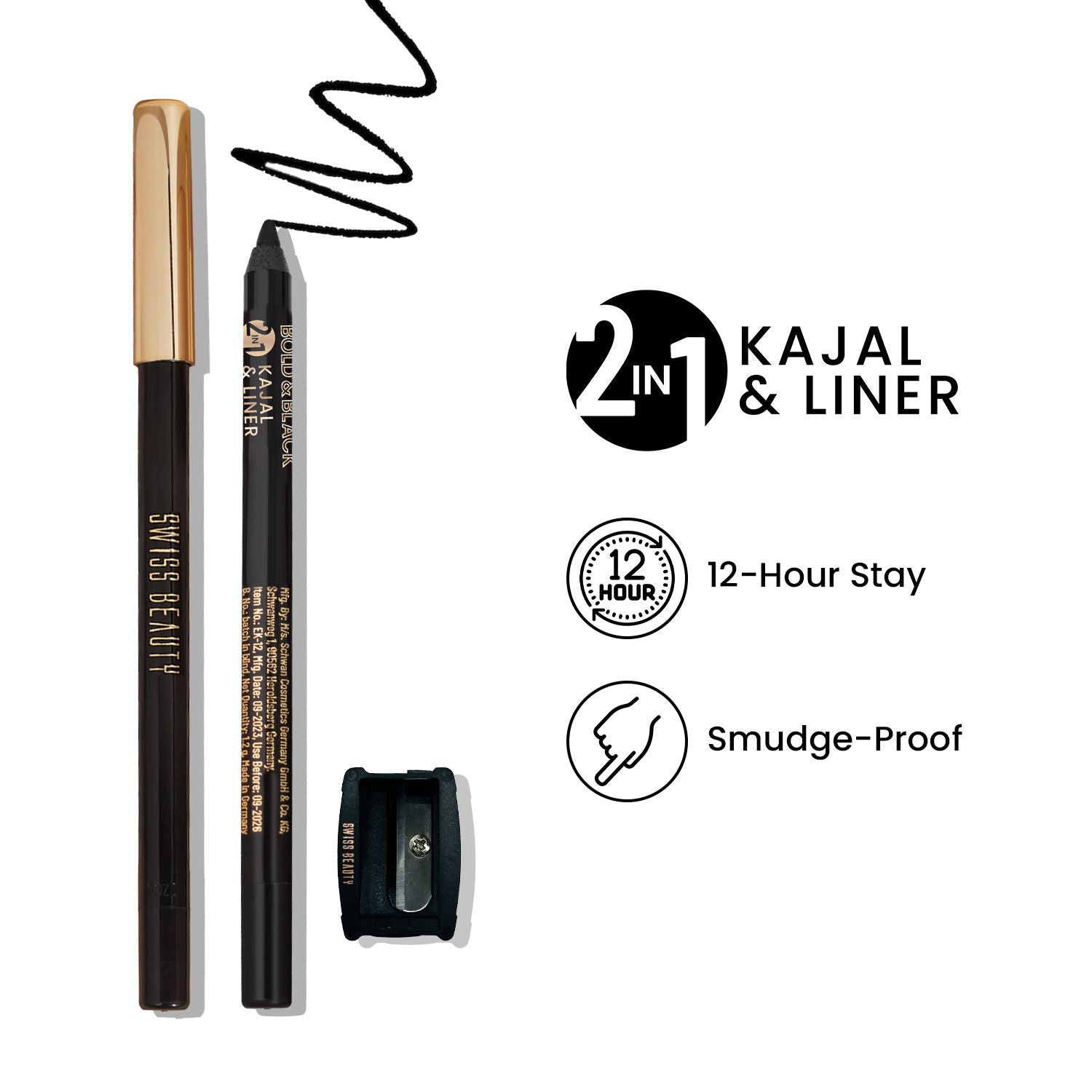 Bold & Black 2-In-1 Kajal & Liner With Vitamin-E 12-Hours of Stay With Sharpner