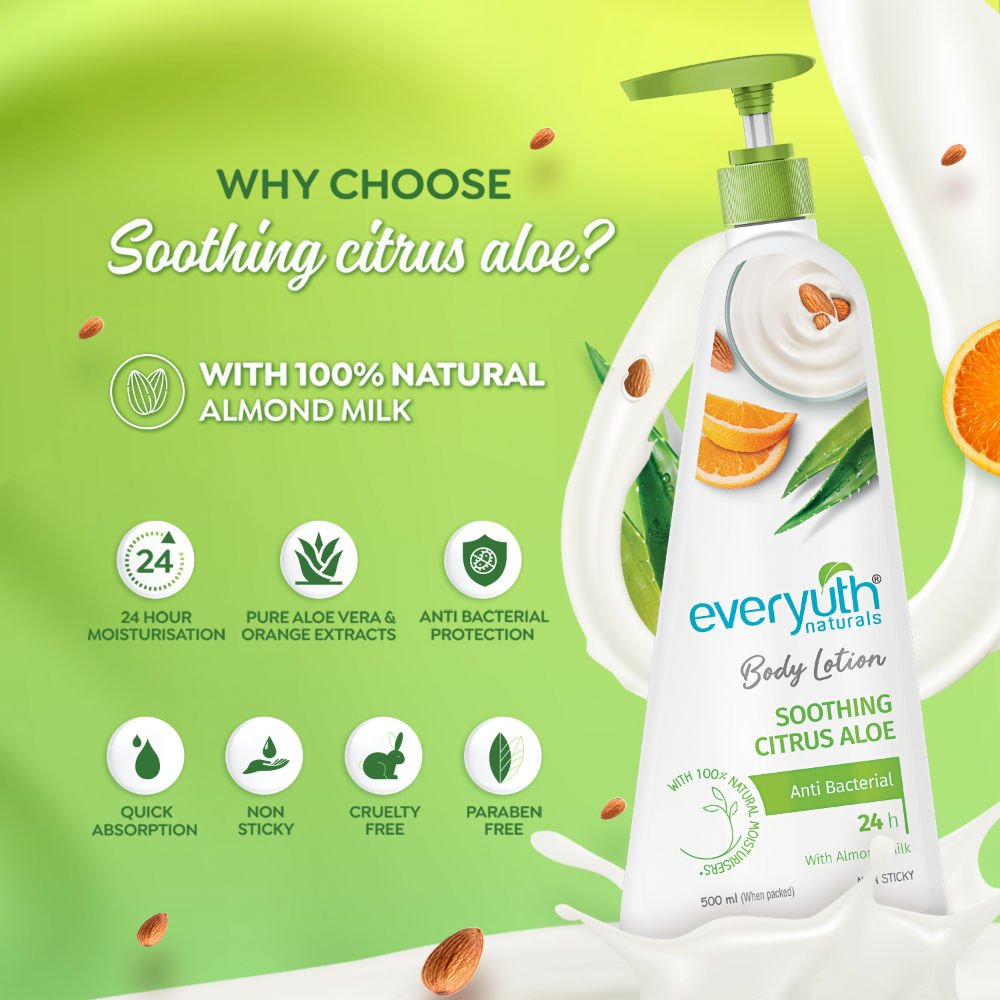 Body Lotion - Soothing Citrus Aloe with Almond Milk, Anti-Bacterial, Non Sticky