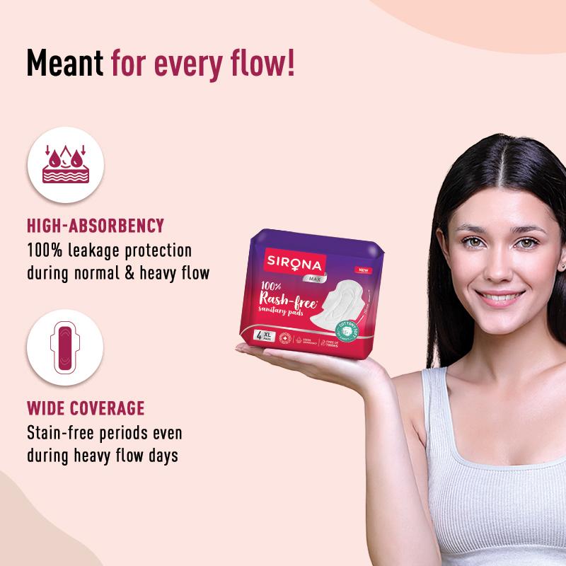 Cottony Soft Rash Free Sanitary Pads For Women, 4 Pcs (XL), Ultra Thin & Breathable Top Layer