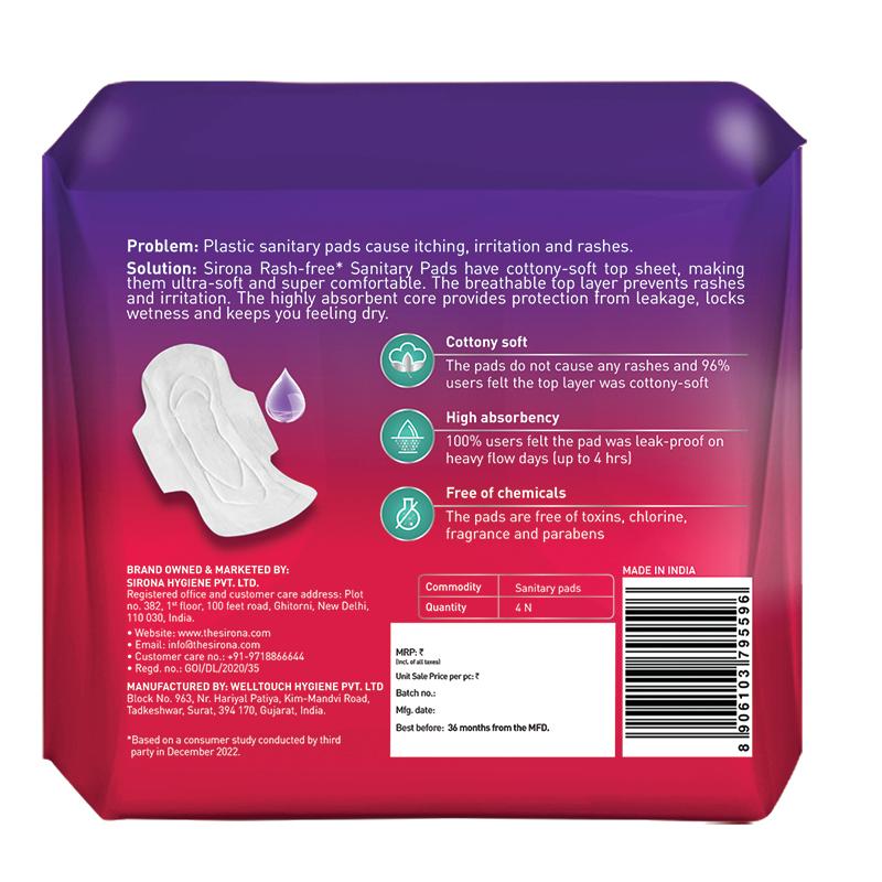 Cottony Soft Rash Free Sanitary Pads For Women, 4 Pcs (XL), Ultra Thin & Breathable Top Layer