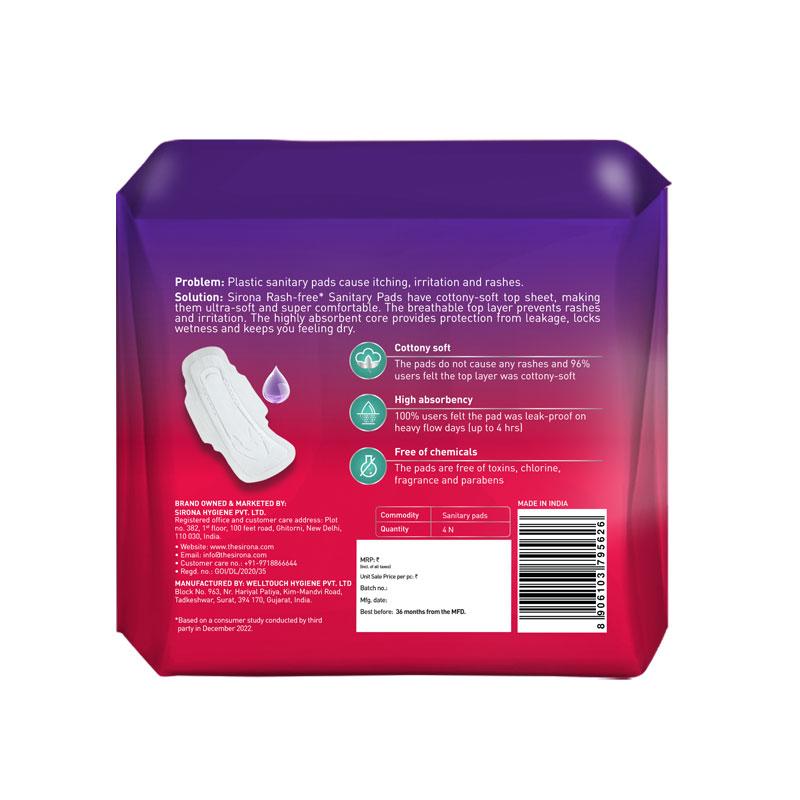 Cottony Soft Rash Free Sanitary Pads For Women, 4 Pcs (XL+) Ultra Thin & Breathable Top Layer