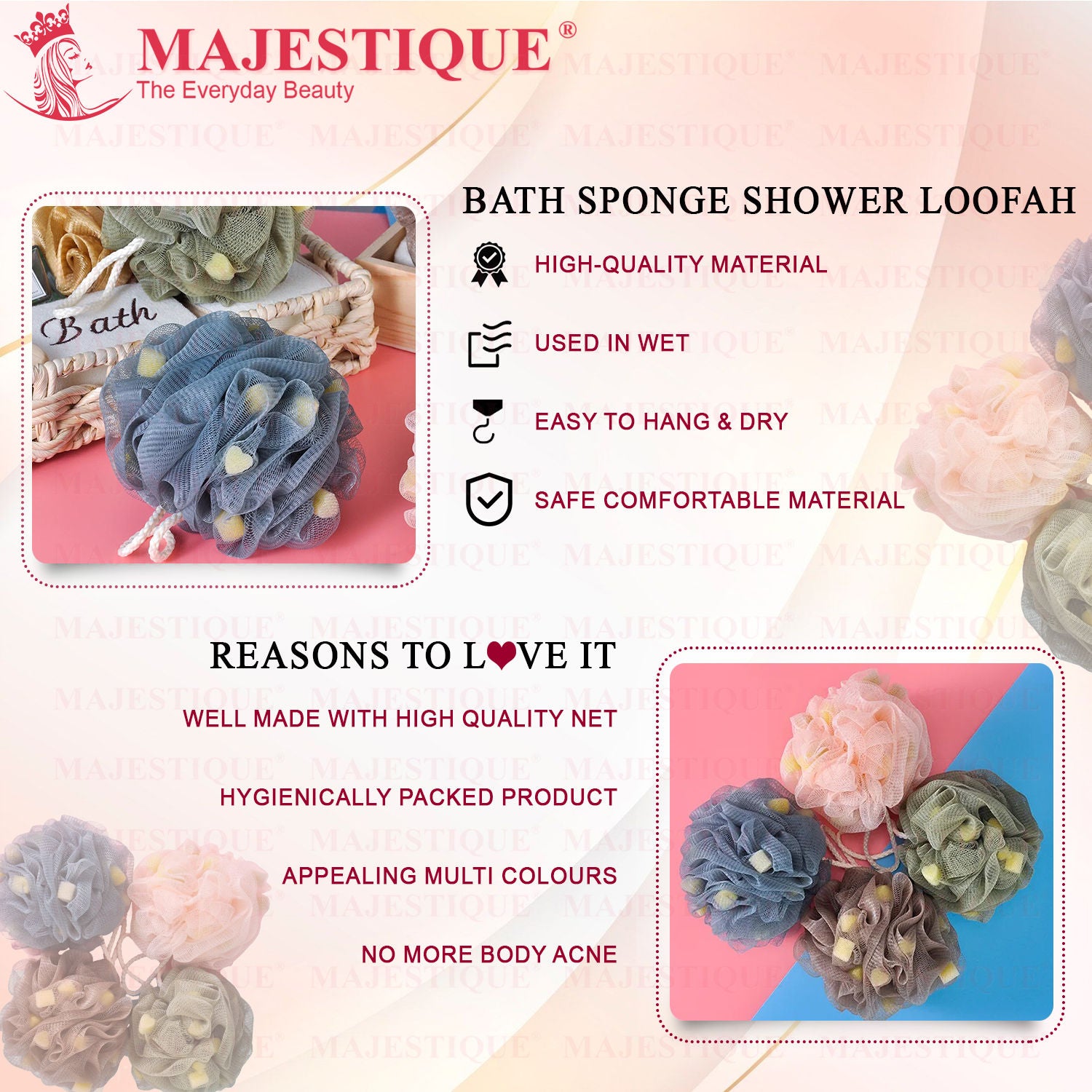 Loofah With Active Spheres Mesh Shower Sponge (Color May Vary)