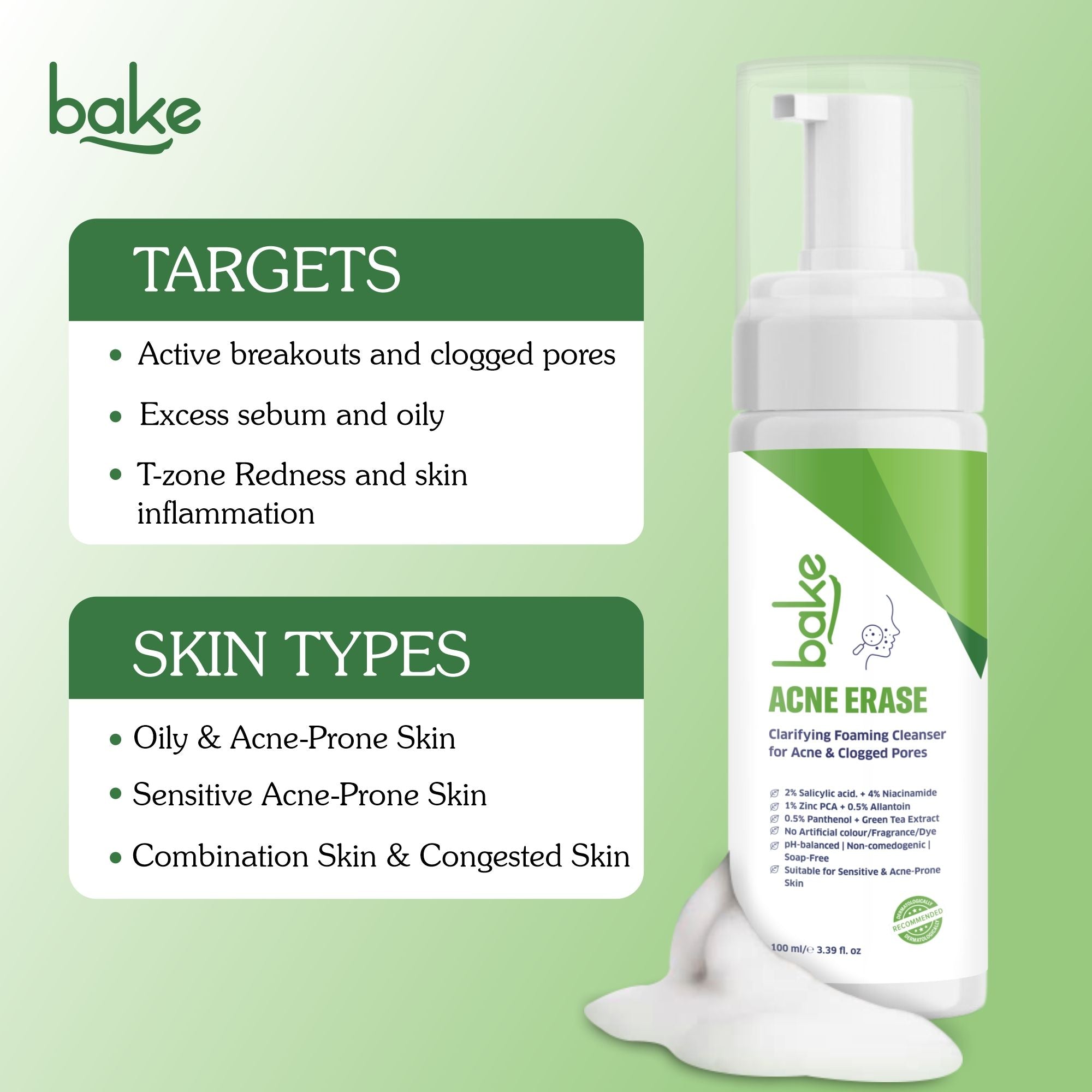 Acne Erase Foaming Cleanser with 2% Salicylic Acid for Acne, Clogged Pores & Oil Control