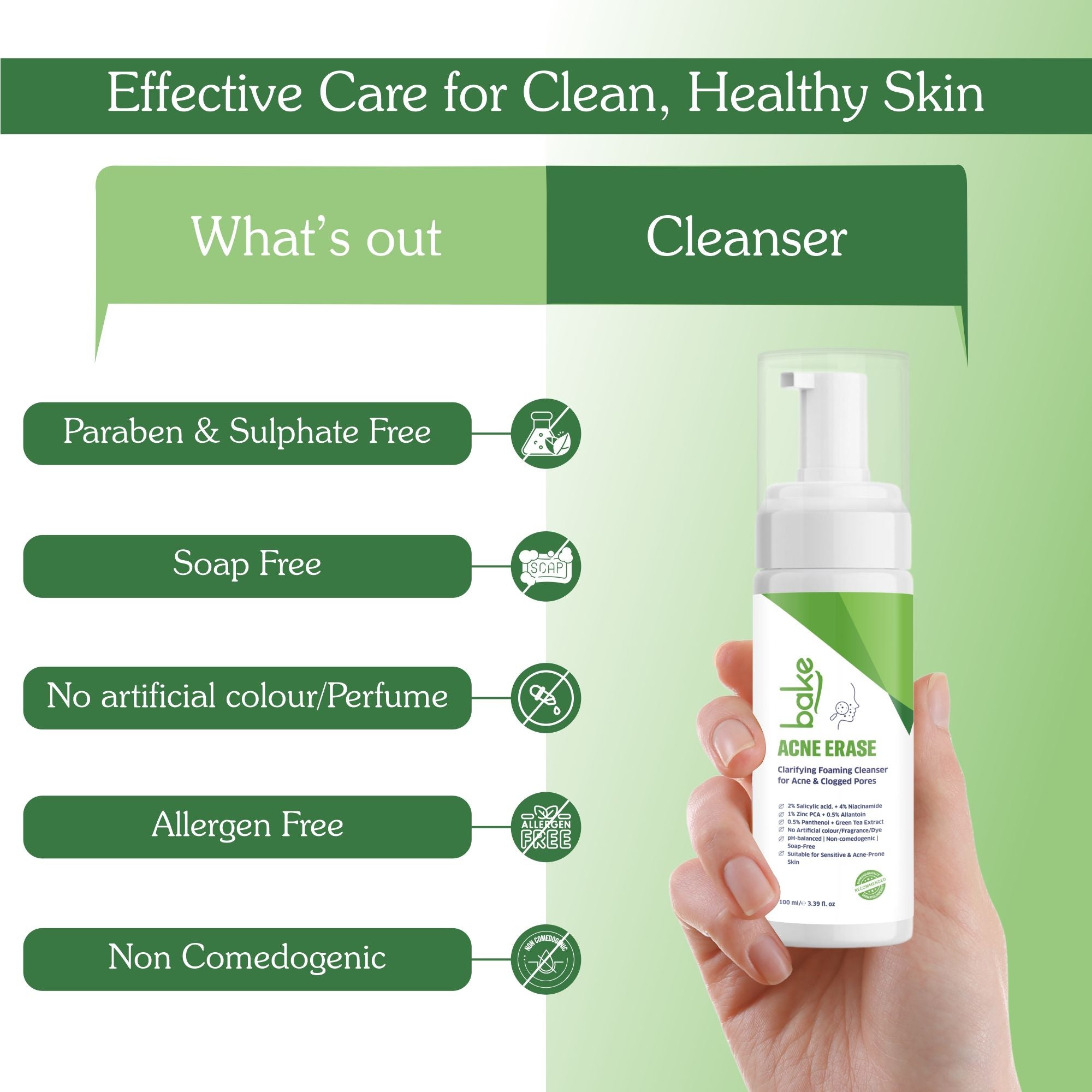 Acne Erase Foaming Cleanser with 2% Salicylic Acid for Acne, Clogged Pores & Oil Control