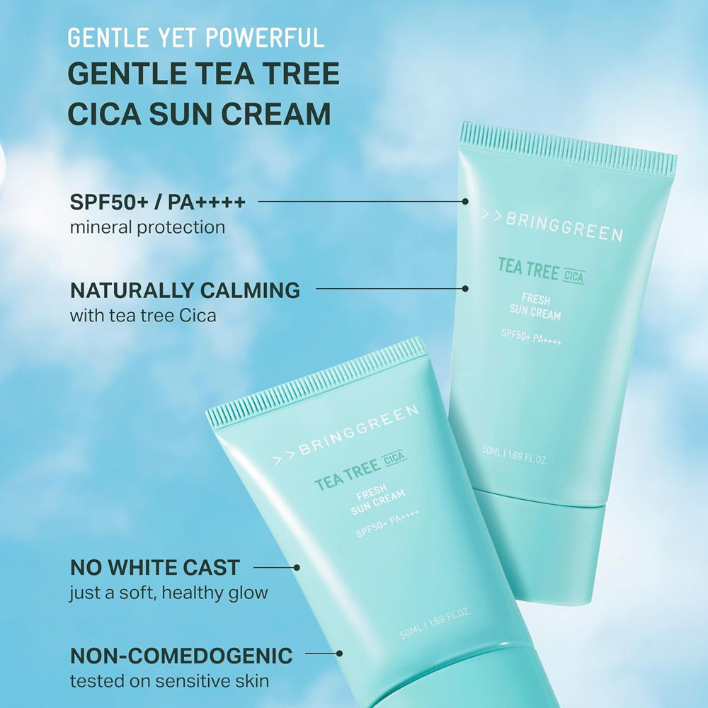 Tea Tree Cica Fresh Sun Cream SPF 50+ PA++++ Korean Tinted Mineral Sunscreen