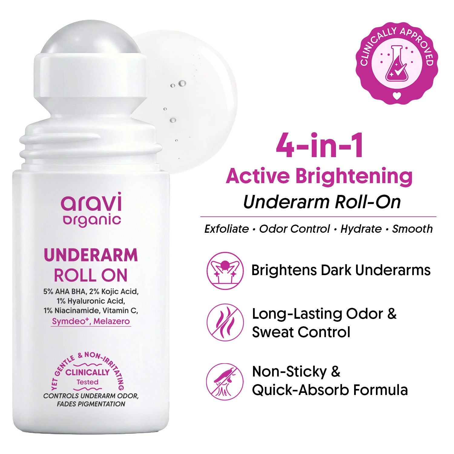 Whitening Underarm Roll On-5% AHA BHA + Kojic Acid For Dark Underarms & Odor Control
