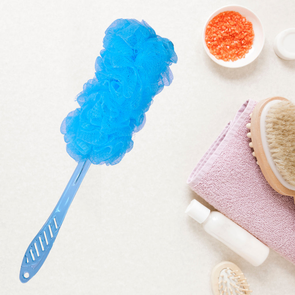 Bath Brush with Long Handle & Soft Nylon Mesh - Blue