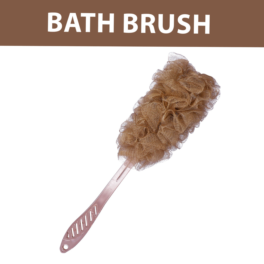 Bath Brush with Long Handle & Soft Nylon Mesh - Brown