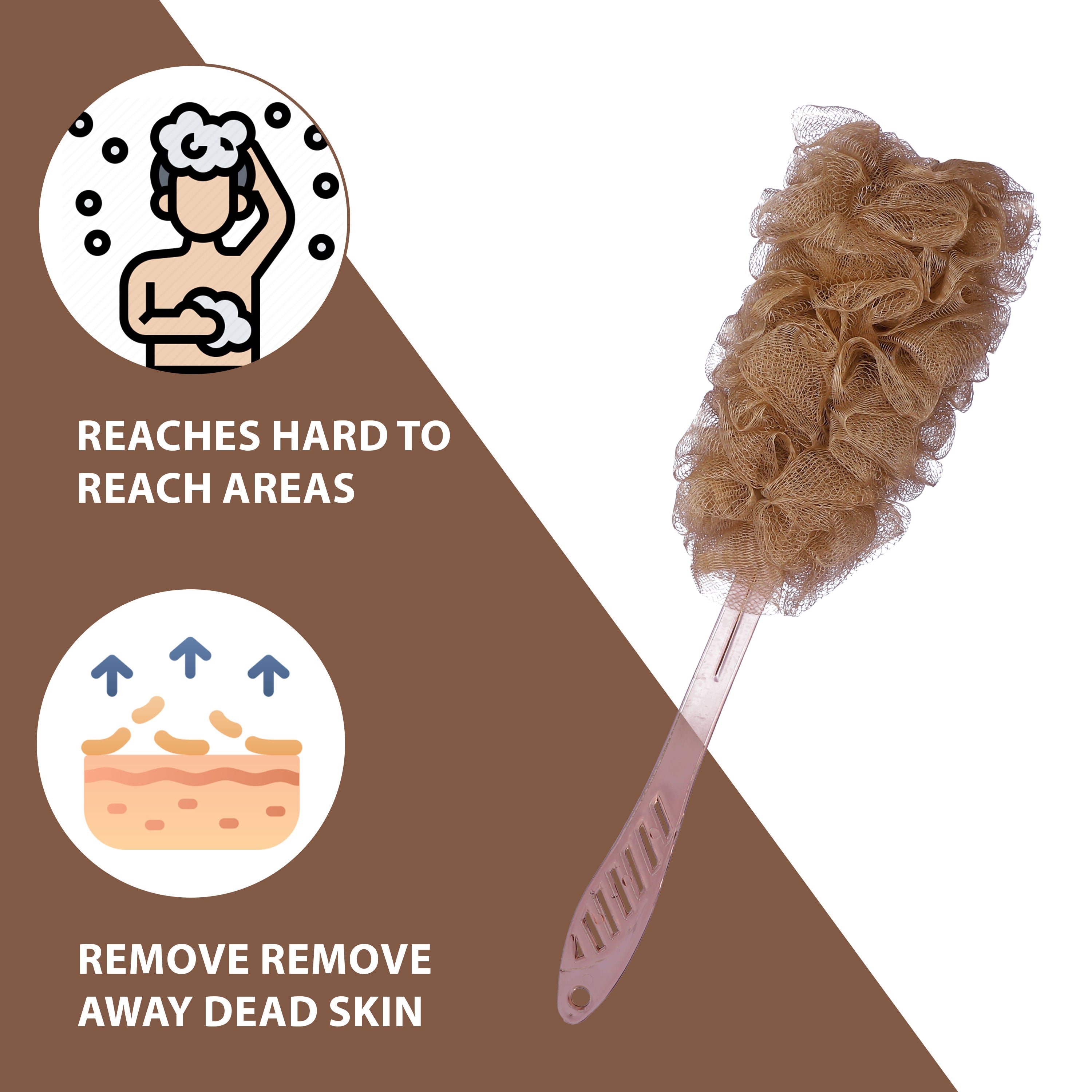 Bath Brush with Long Handle & Soft Nylon Mesh - Brown