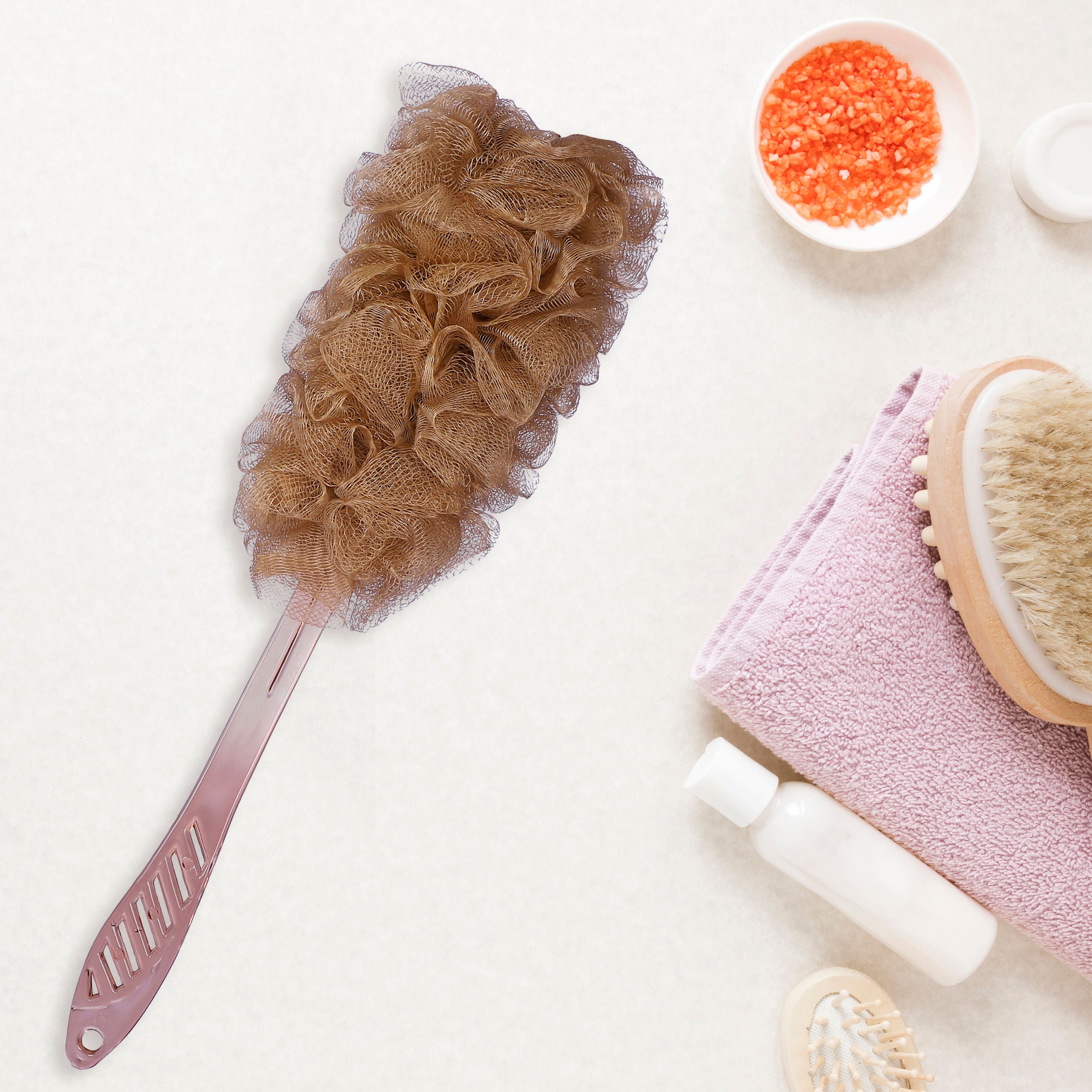 Bath Brush with Long Handle & Soft Nylon Mesh - Brown