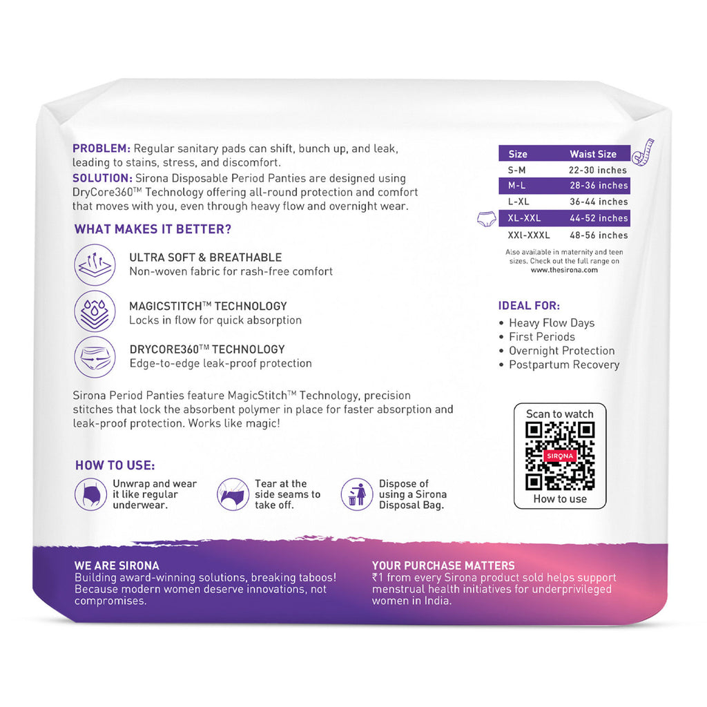 Disposable Period Panties, XL-2XL (44-52 in) 360° Coverage, Leakage Protection for Heavy Flow
