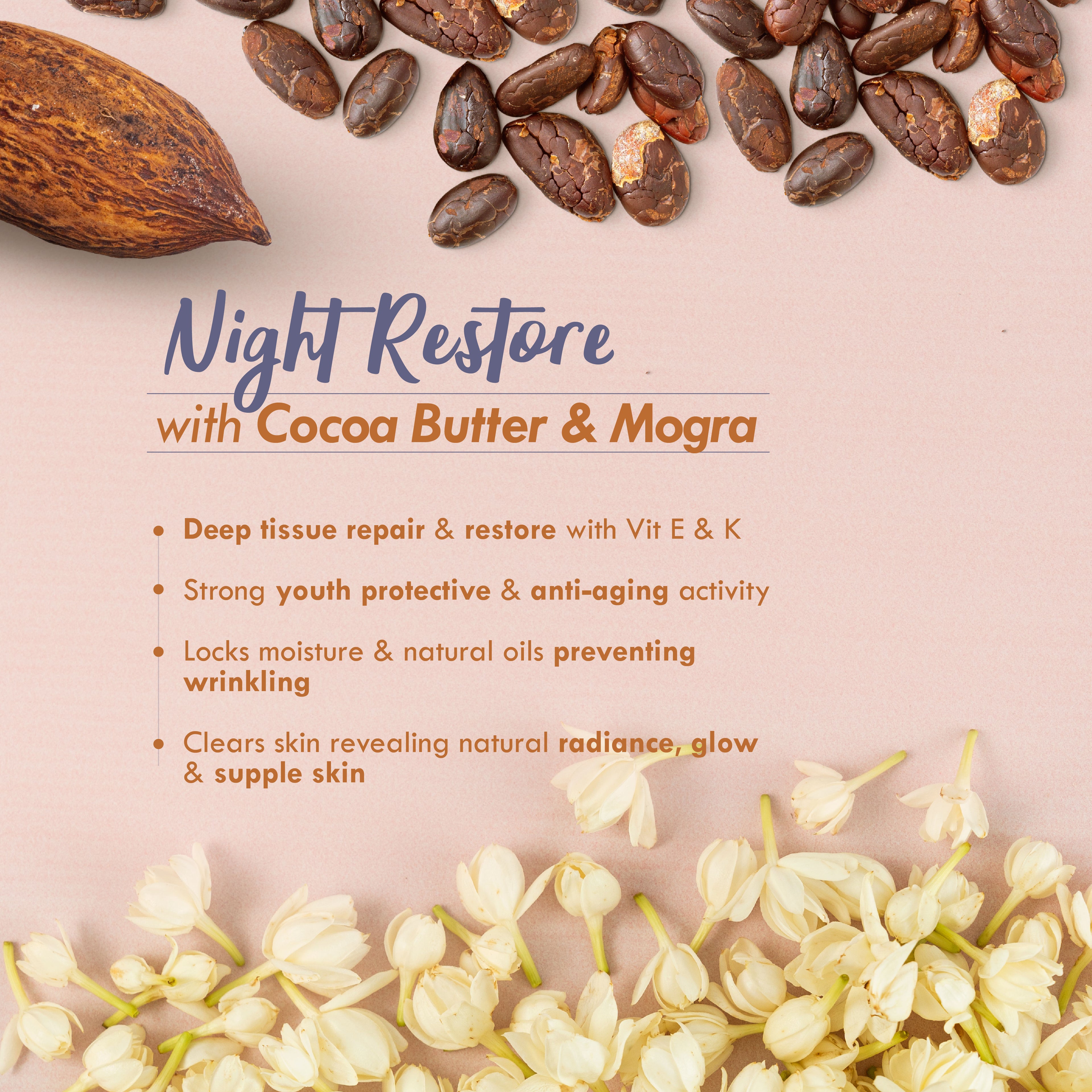 Cocoa Mogra Night Restore Face Cream, Light Face Moisturizer For Glowing Skin