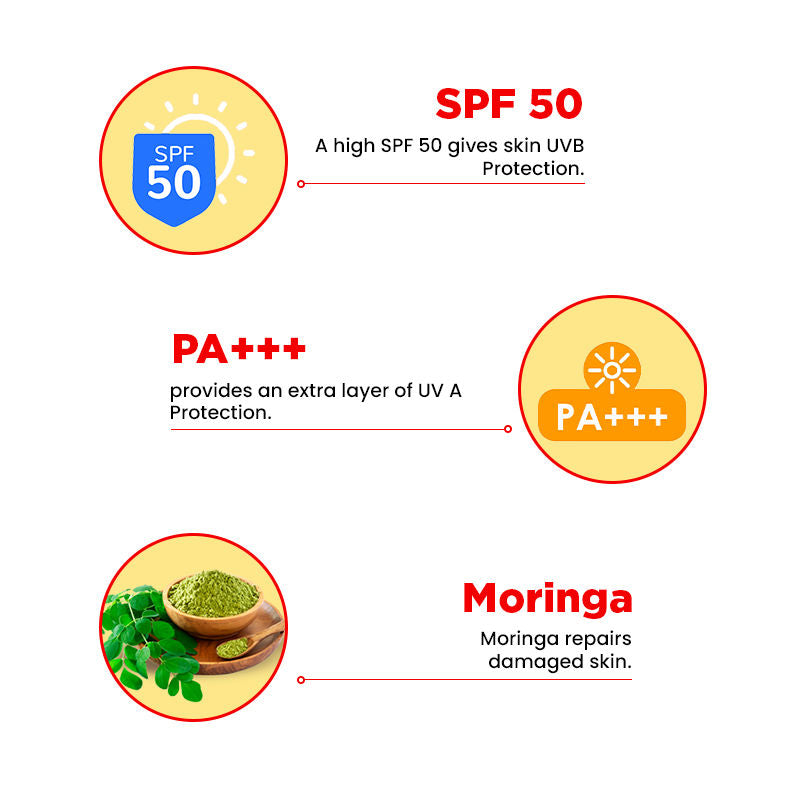 Moringa Face Sunscreen SPF 50+ PA+++ For Detan, Anti-Aging, No White Cast, Non Sticky