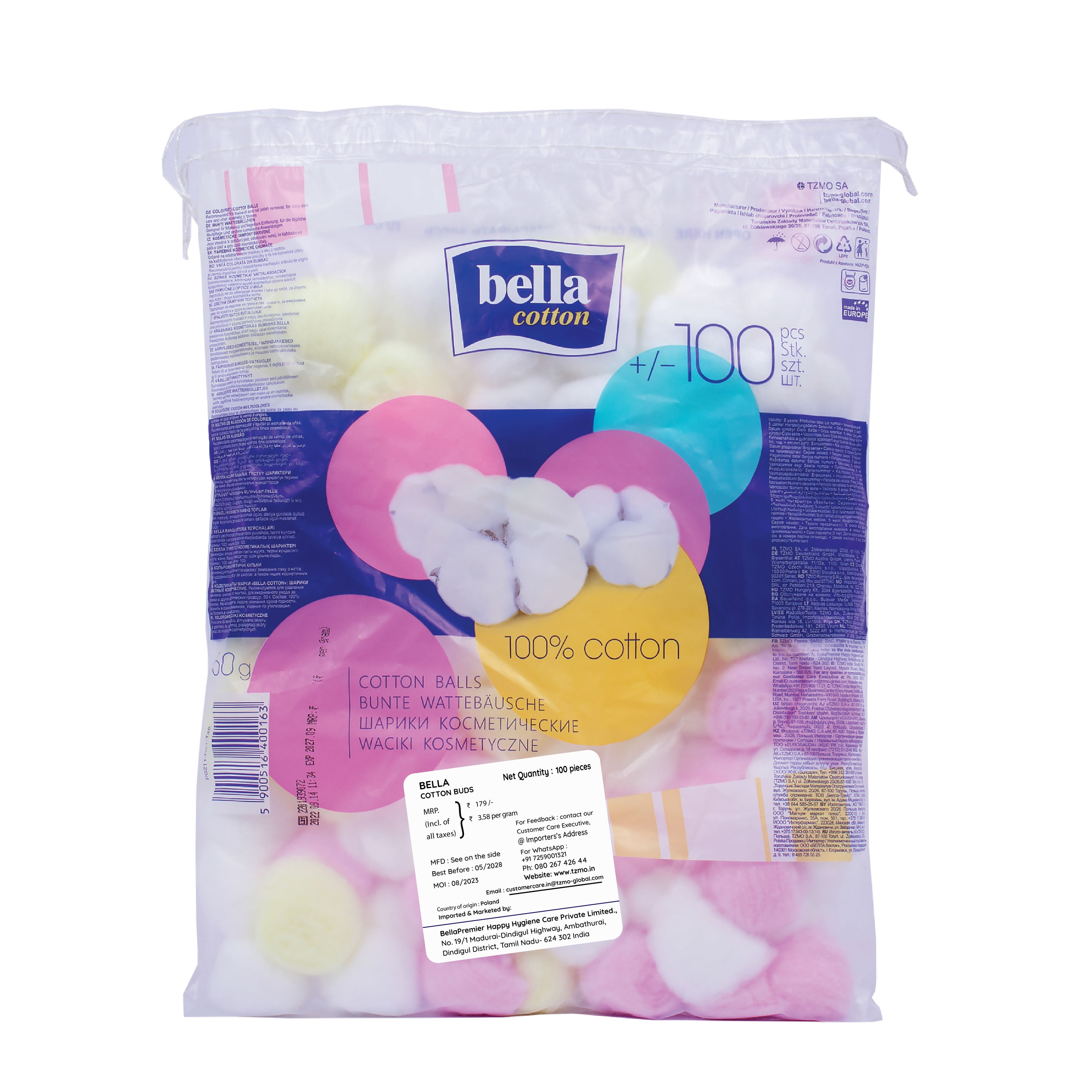 Bella Cotton Balls, 100% Cotton, Soft, Highly Absorbent,Makeup Removal, Nail Polish Removal