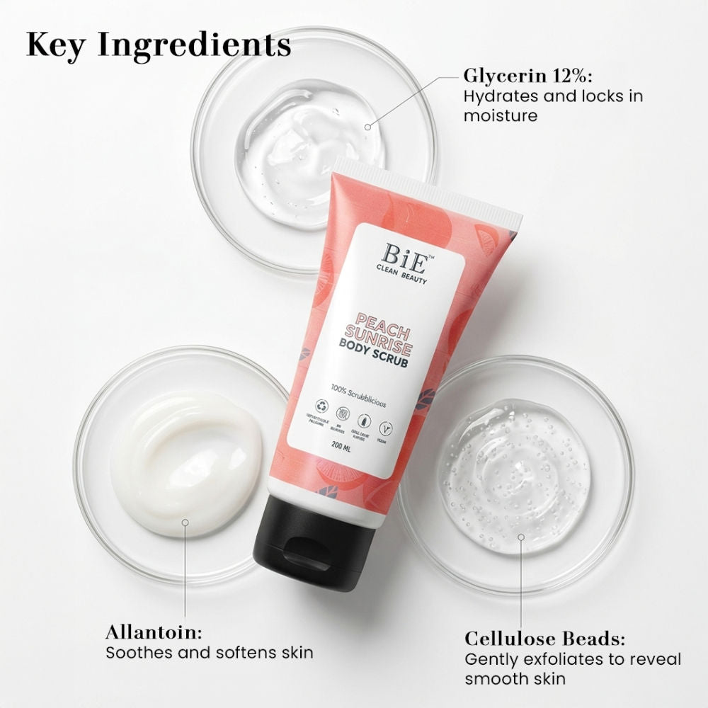 BiE Peach Sunrise Body Scrub - Gently Exfoliates, Removes Dead Skin & Brightens Mild Exfoliator