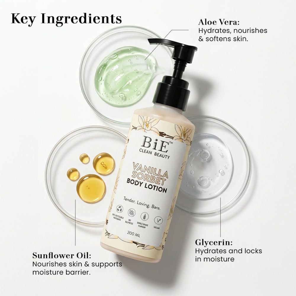 BiE Vanilla Sorbet Body Lotion with Hyaluronic Acid & Niacinamide for 72H Hydration & Moisturization