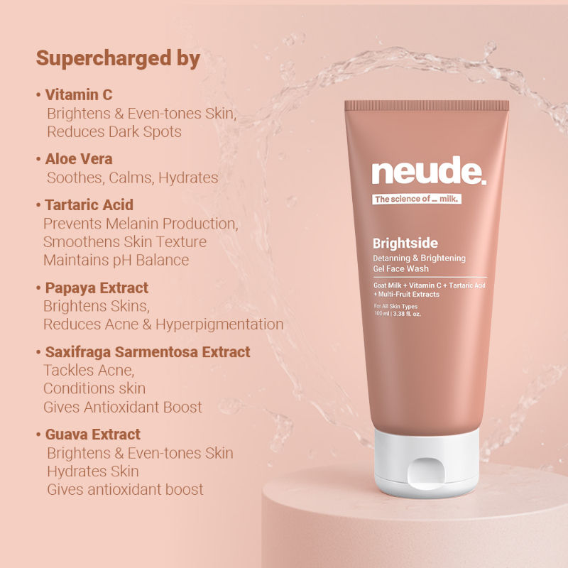 Neude Detanning and Brightening Gel Face Wash: Vitamin C, Goat Milk & Tartaric Acid