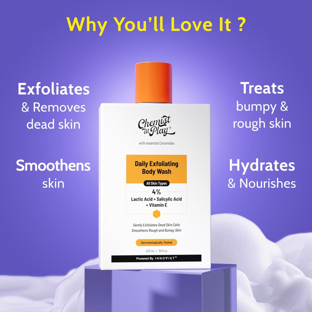 Exfoliating Body Wash with 4% Lactic Acid, Salicylic Acid & Vit E, Treats Back Acne