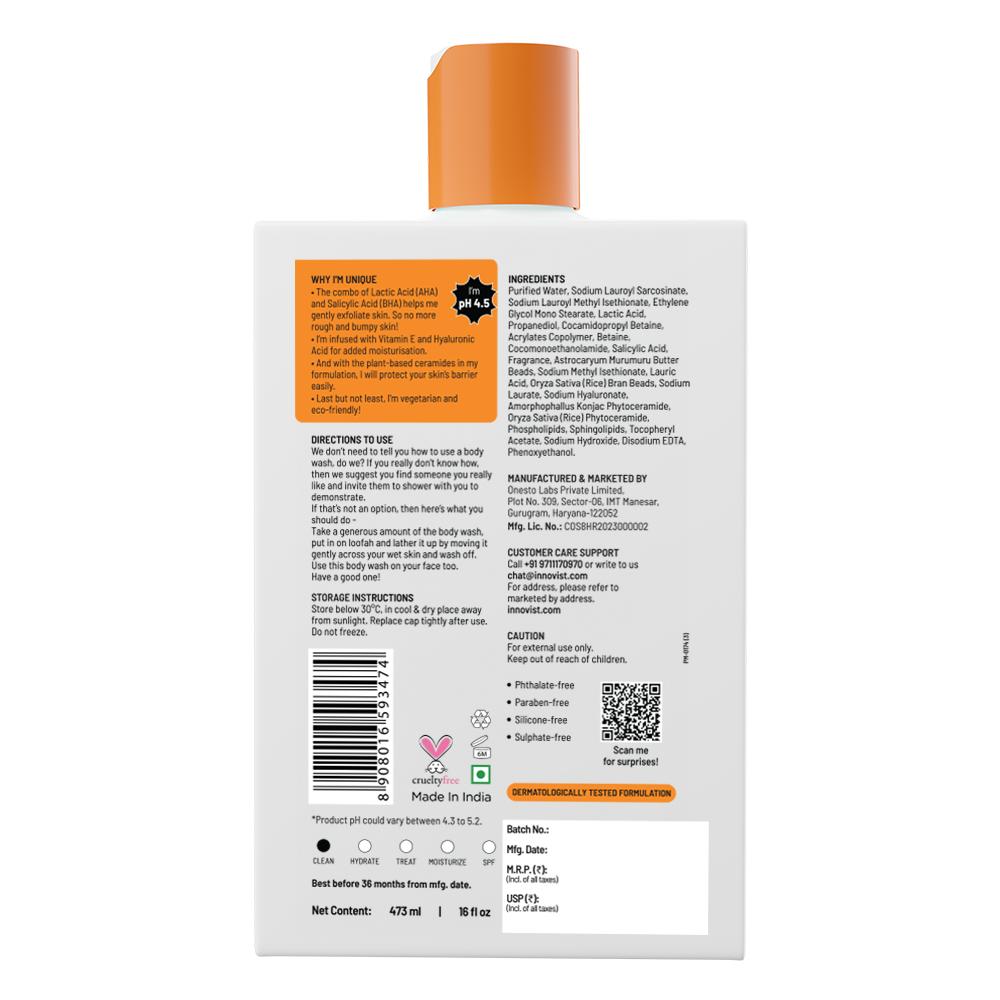 Exfoliating Body Wash with 4% Lactic Acid, Salicylic Acid & Vit E, Treats Back Acne