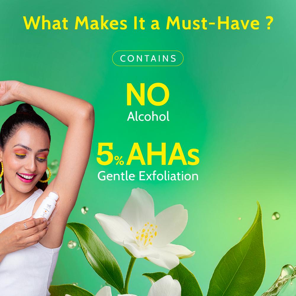 5% AHA Underarm Roll On Deodrant Lactic Acid for Men & Women - White Jasmine