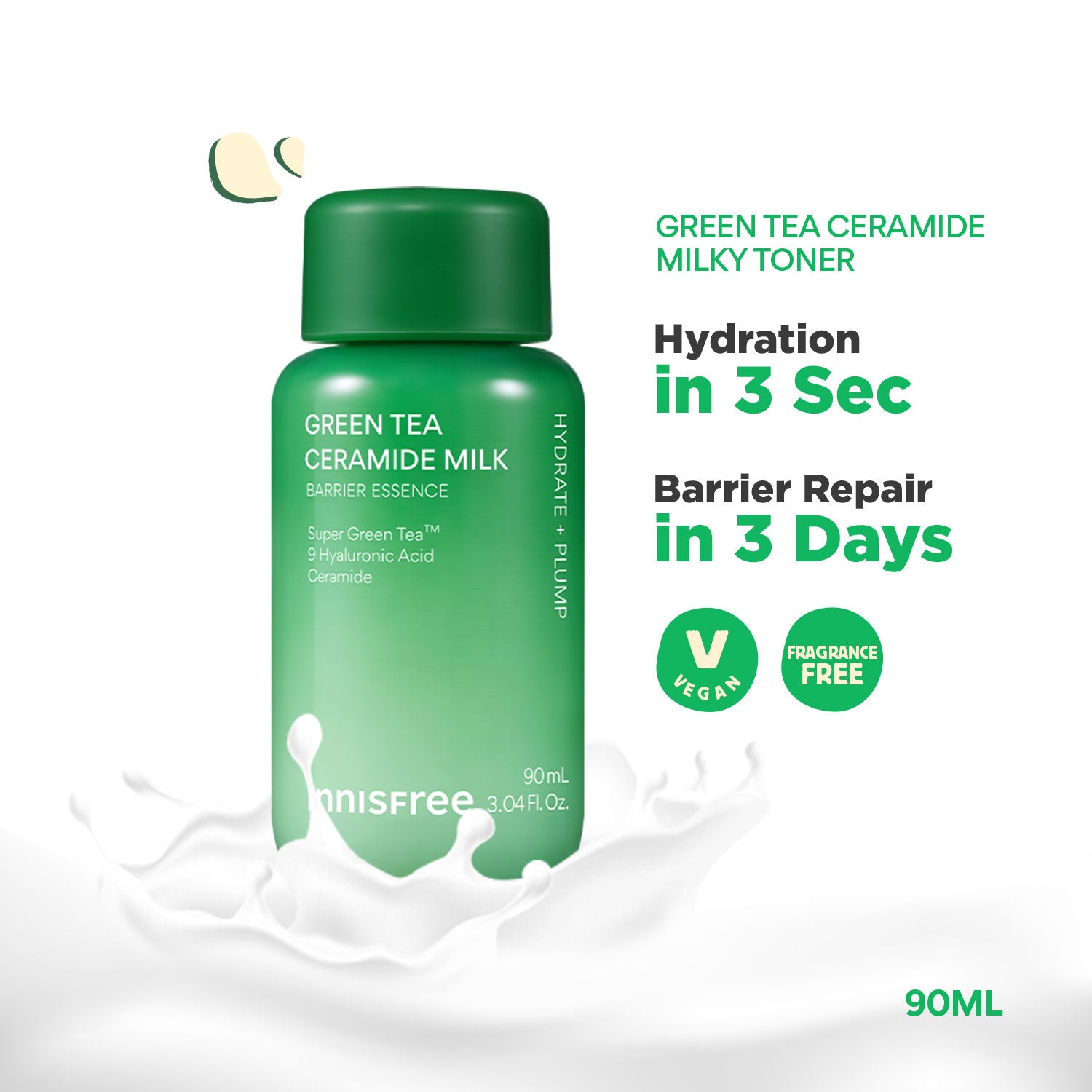 Green Tea Ceramide Milky Toner, Instant Hydration Barrier Repair in 3 Days - 90ml