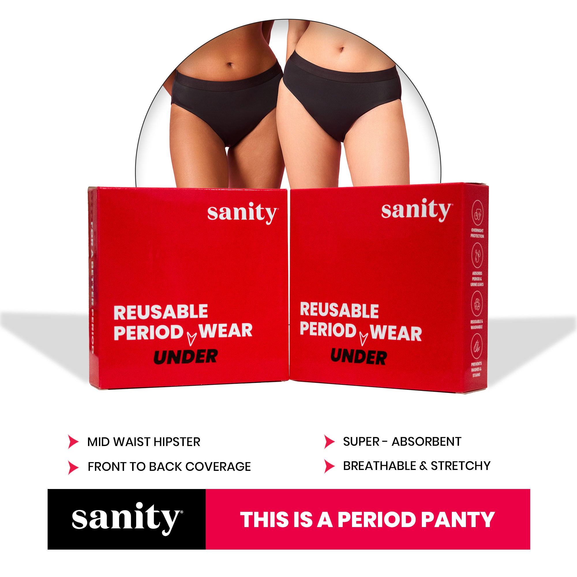Mid Rise Hipster, Leakproof and Reusable Black Period Panties - Size M
