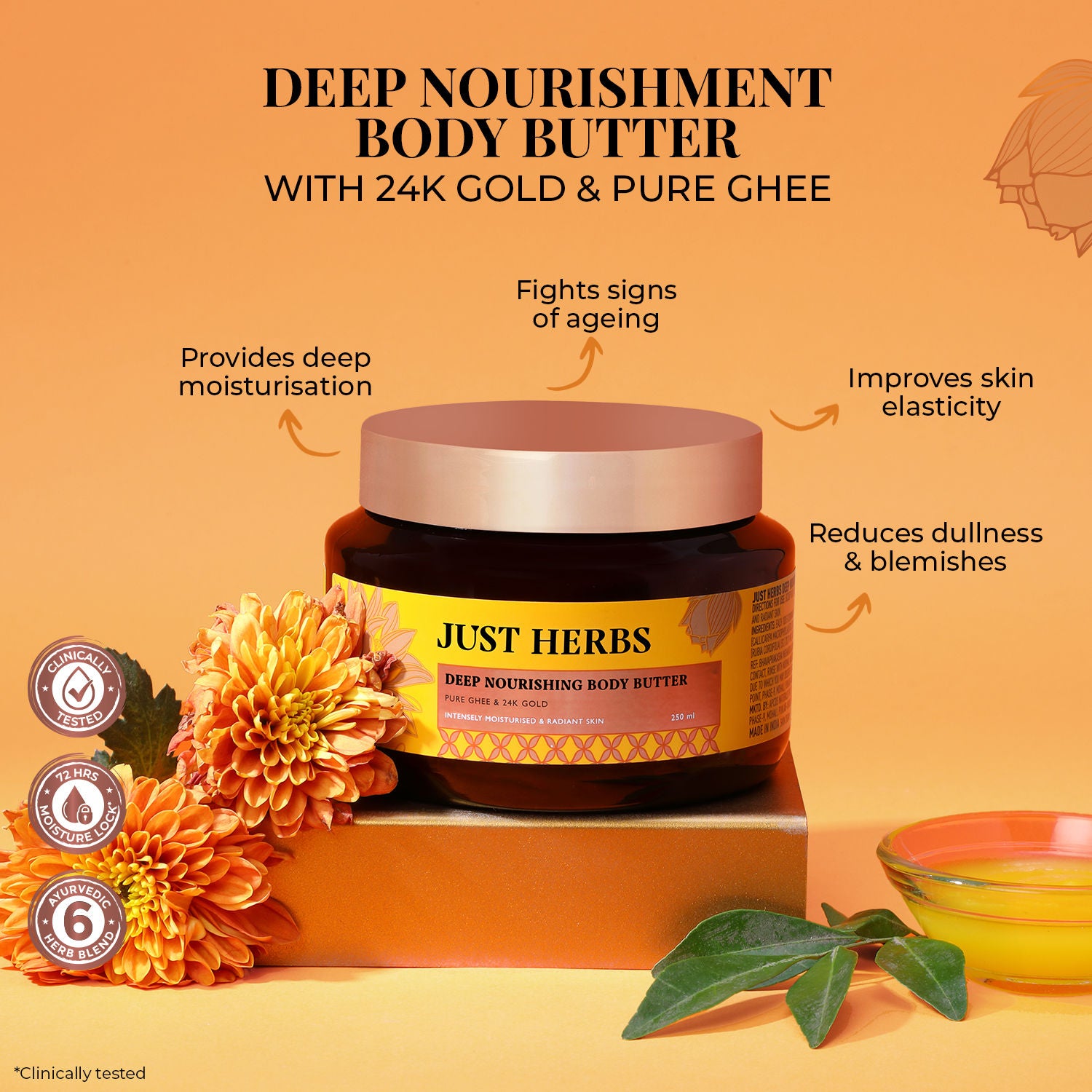 Pure Ghee 24K Gold Anti Ageing Body Butter Cream For Deep Moisturised Skin