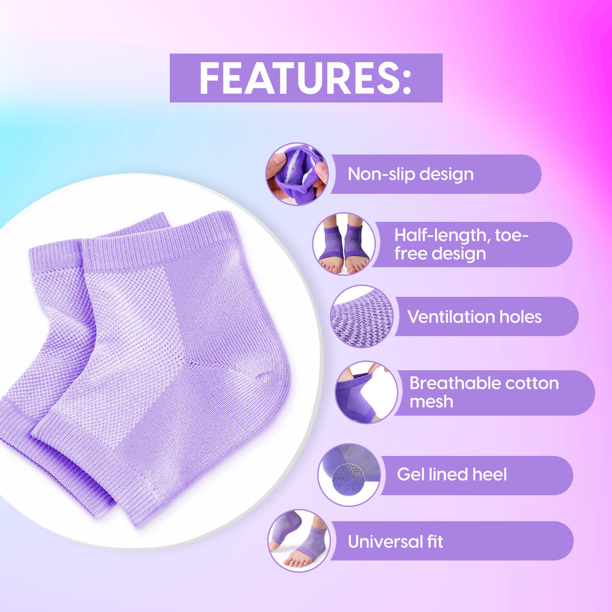 Cotton Silicone Moisturising Gel Heel Socks for Cracked & Dry Heels Foot Care for Softer Feet