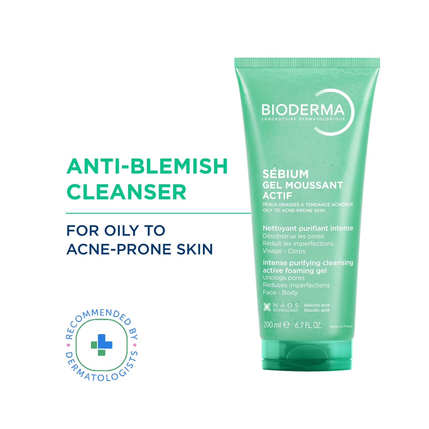 Sebium Gel Moussant Actif Cleanser with Salicylic & Glycolic Acid for Acne Prone, Oily Skin